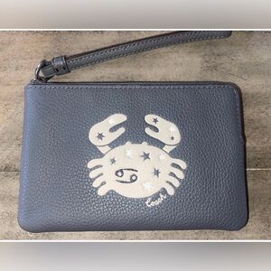 Coach zodiac cancer ♋️ Dark Gray Wristlet with Crab Motif EUC HTF